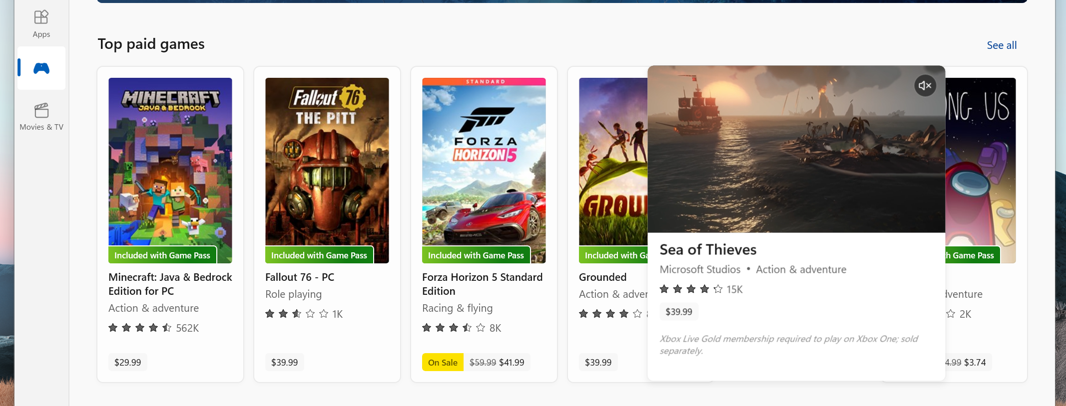 Pop-up trailers for games and movies in the Microsoft Store.