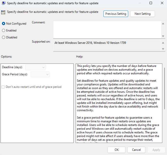 Screenshot of the Group Policy setting “Specify deadline for automatic updates and restarts for feature updates”.