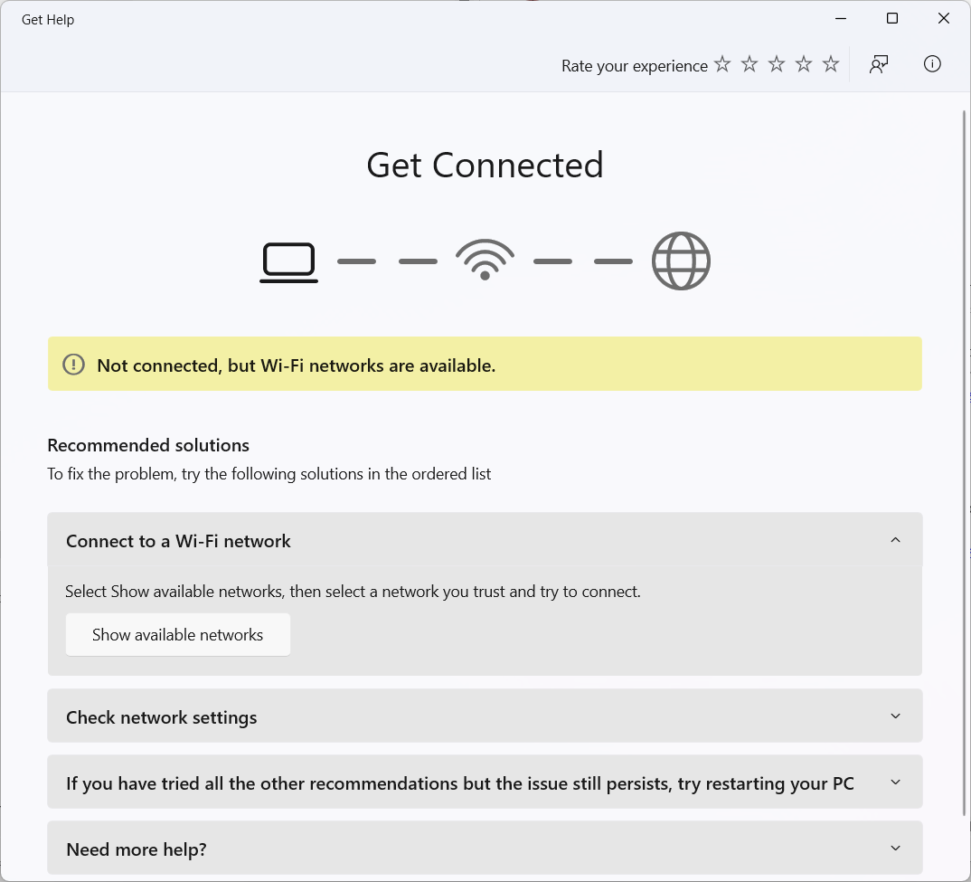 Troubleshoot network connectivity issues using the Get Help app.