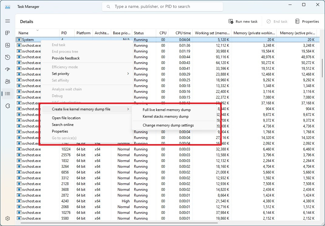 Choose the new “Create live kernel memory dump file” option when right-clicking on a process on the details page in Task Manager