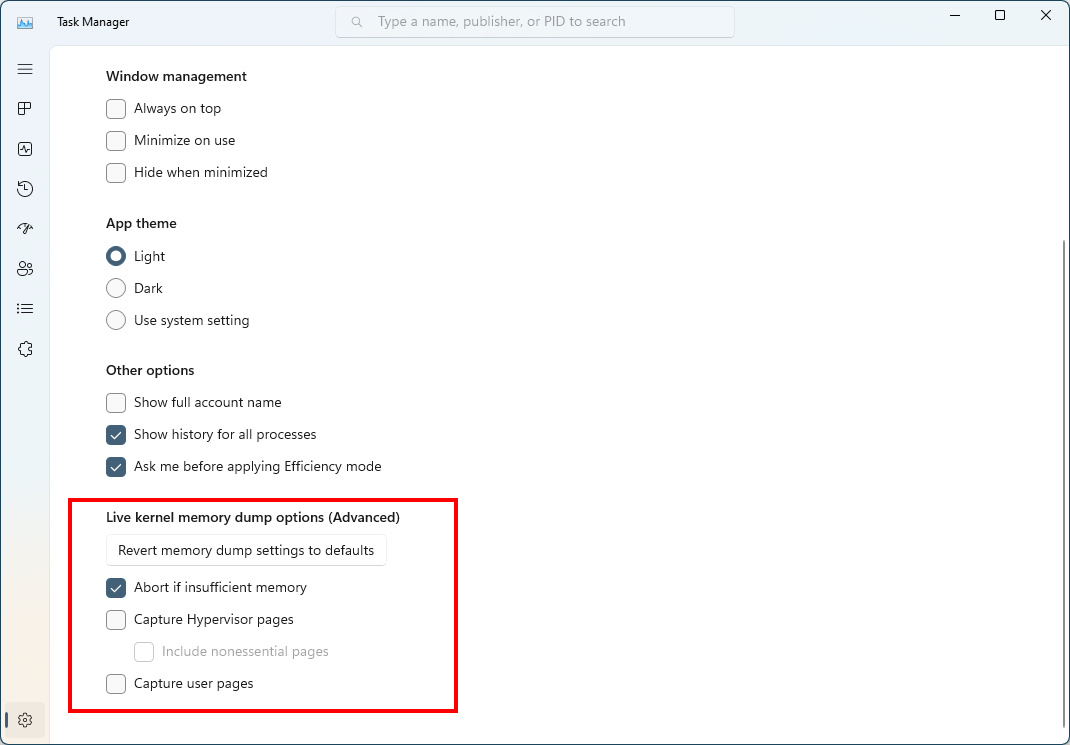 Configure live kernel dumps options in Task Manager settings