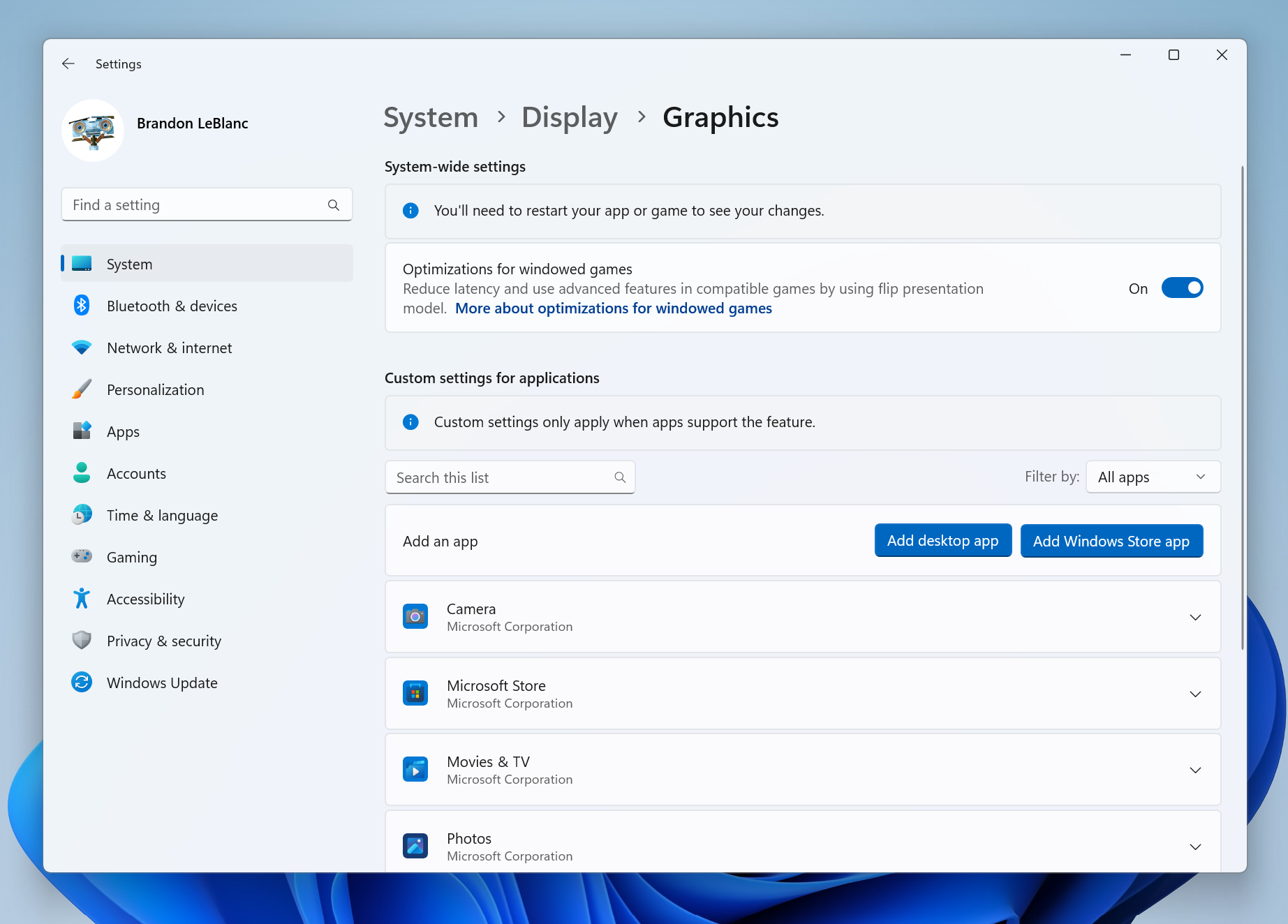The graphics settings page has been updated to better match the Windows 11 visuals.