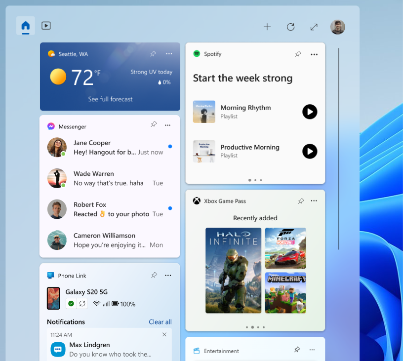 The Spotify, Messenger, Game Pass, Phone Link, and Weather widgets on the widgets board
