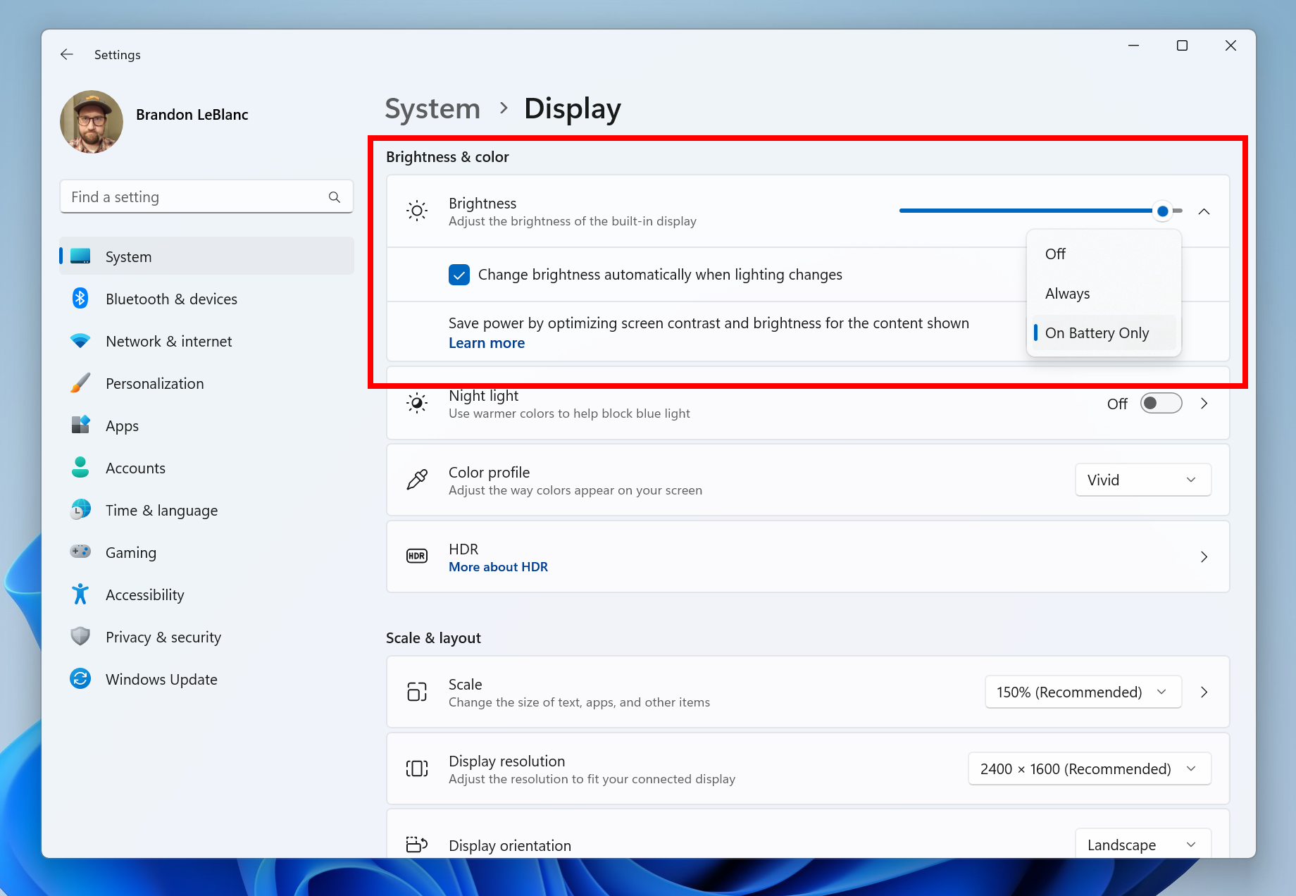 Content Adaptive Brightness Control options in Settings