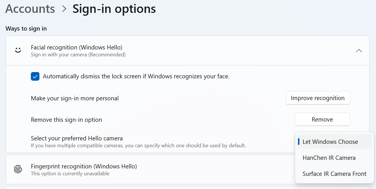 Showing a new dropdown in sign-n settings for your preferred camera, saying “let Windows choose” or letting you pick the camera