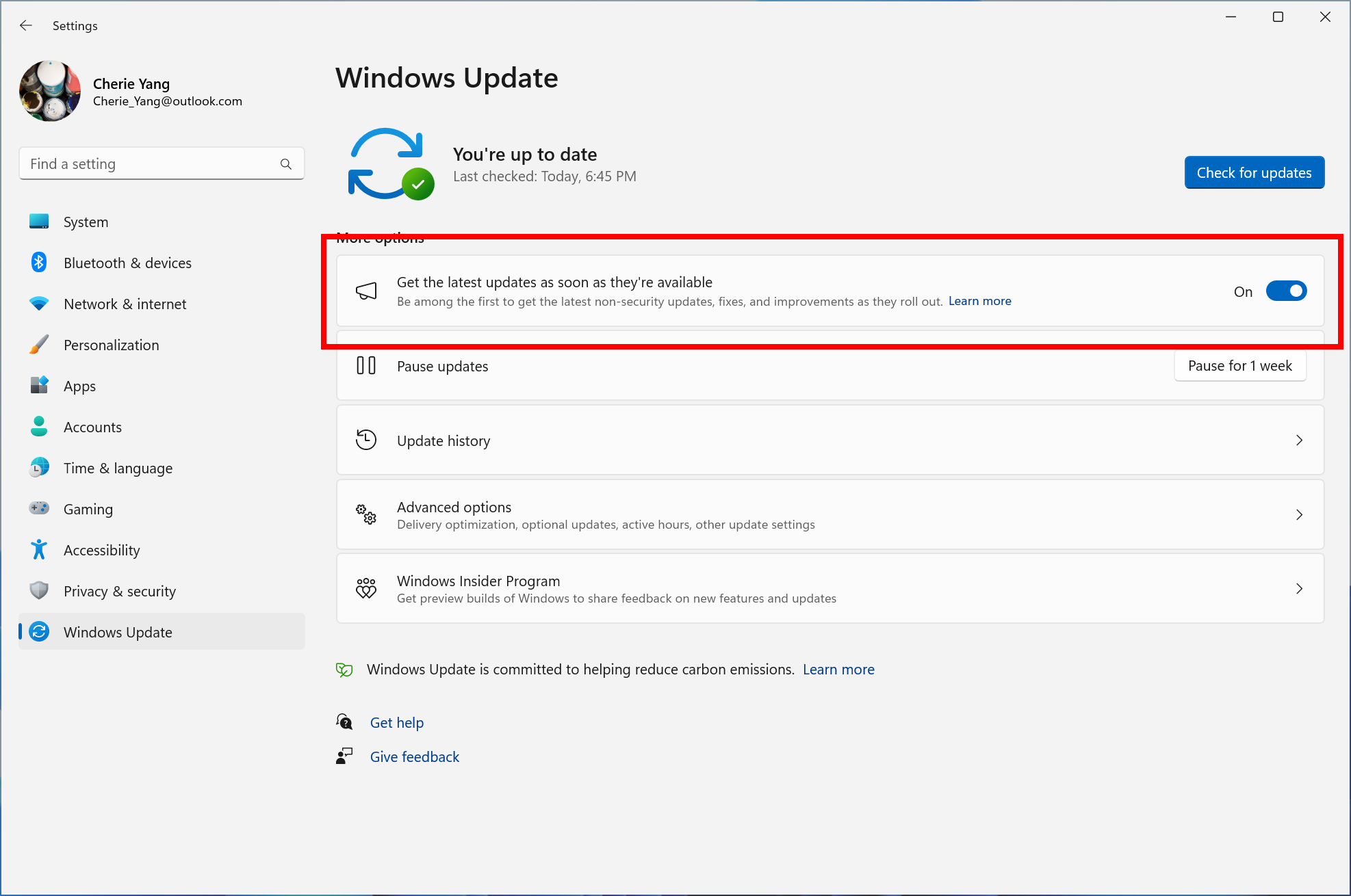 New toggle on the Windows Update settings page for getting the latest updates as soon as they are available