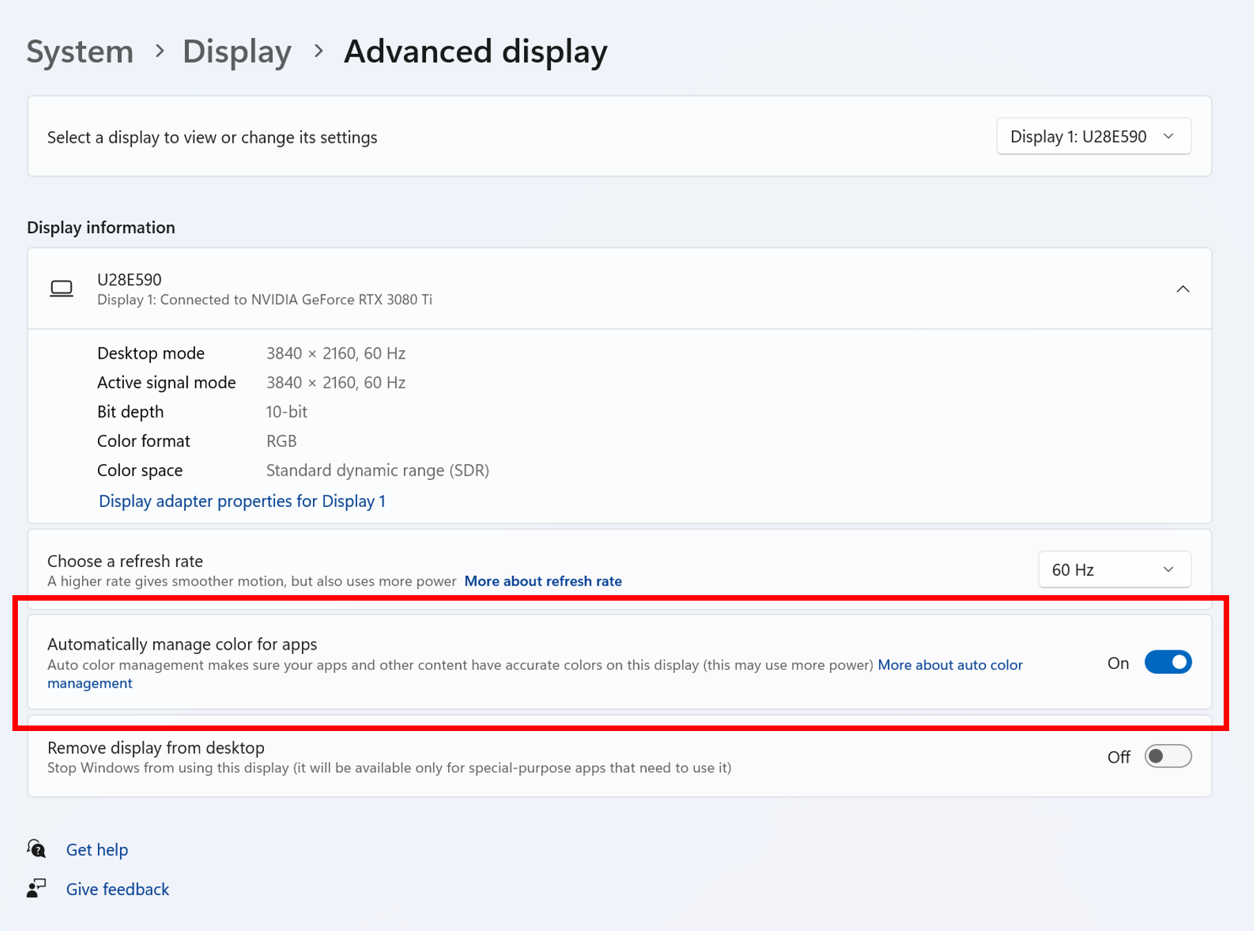Auto Color Management setting in the Advanced display settings page