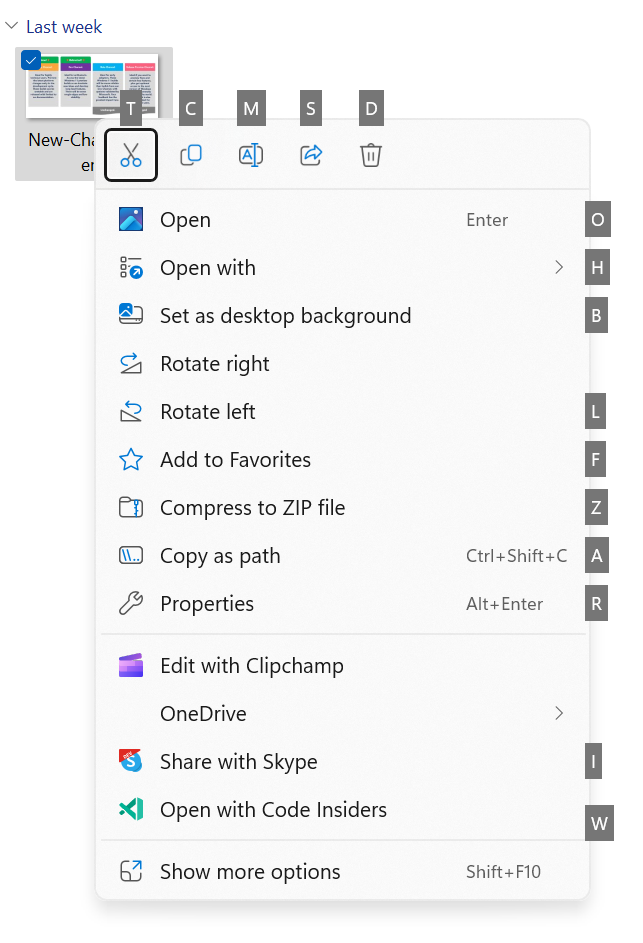 Access keys in the XAML context menu in File Explorer