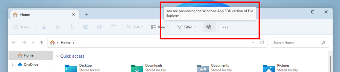 Pizza icon in File Explorer’s command bar to denote previewing the Windows App SDK version of File Explorer