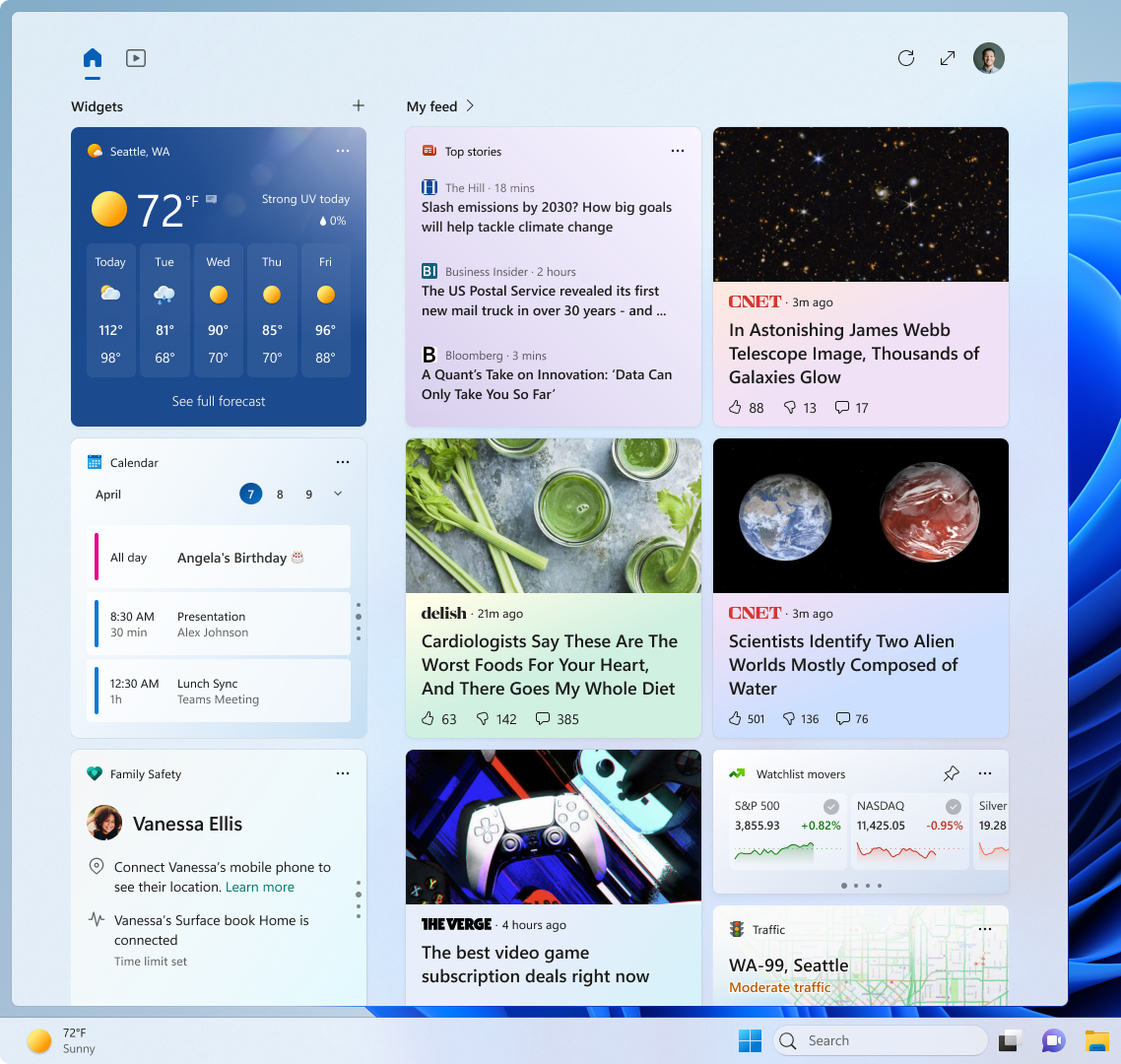 Example of updated widgets board with larger canvas and dedicated sections for widgets and feed content