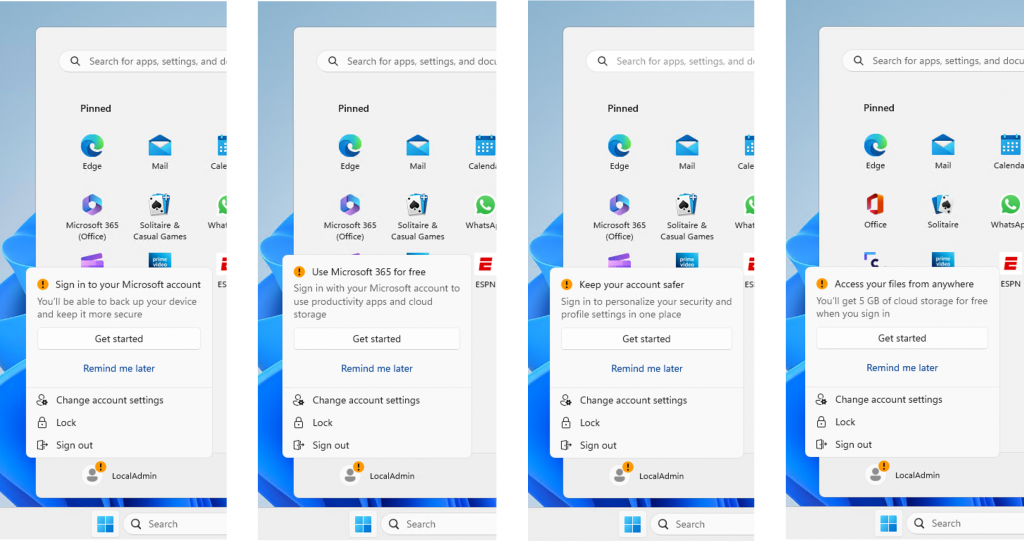 Different treatments of badging on the Start menu highlighting the benefits of signing in with a Microsoft account for users logged in with a local user account