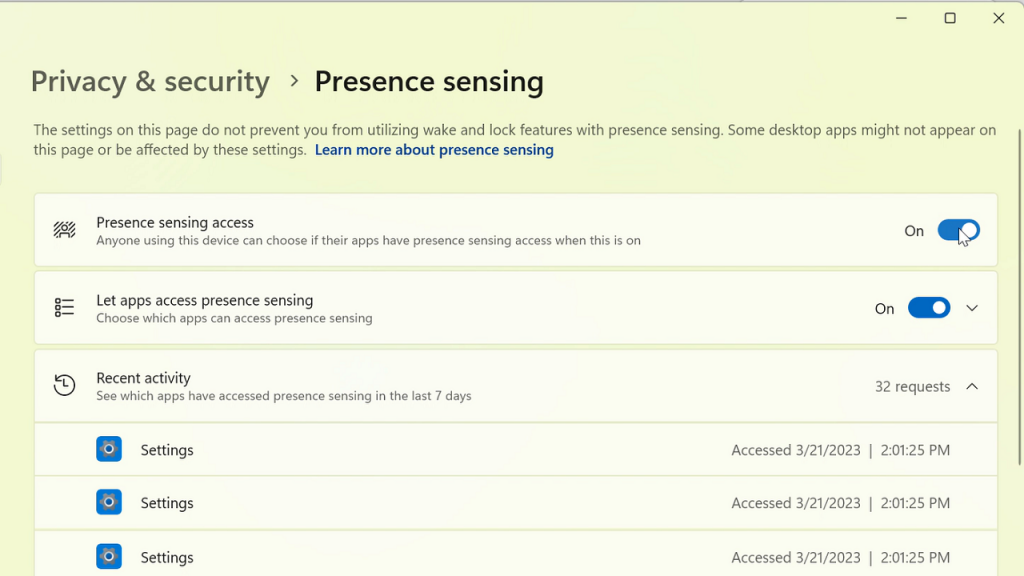 New presence sensor privacy settings under Settings if your device supports it