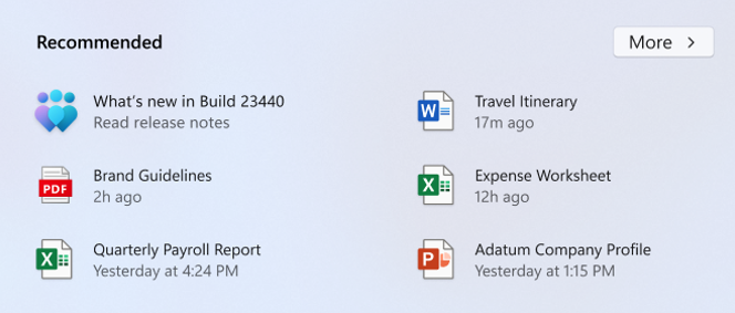 Recommendation in the Start menu for the flight blog post for Build 23440