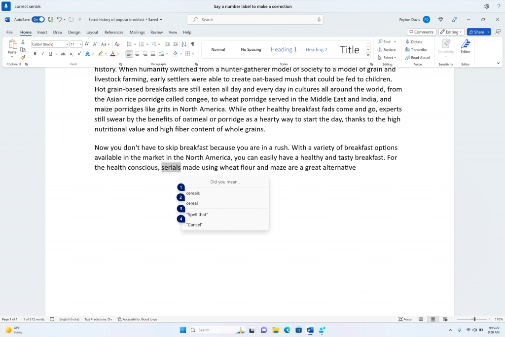 A word document showing corrections window with candidates for the text “cereals”