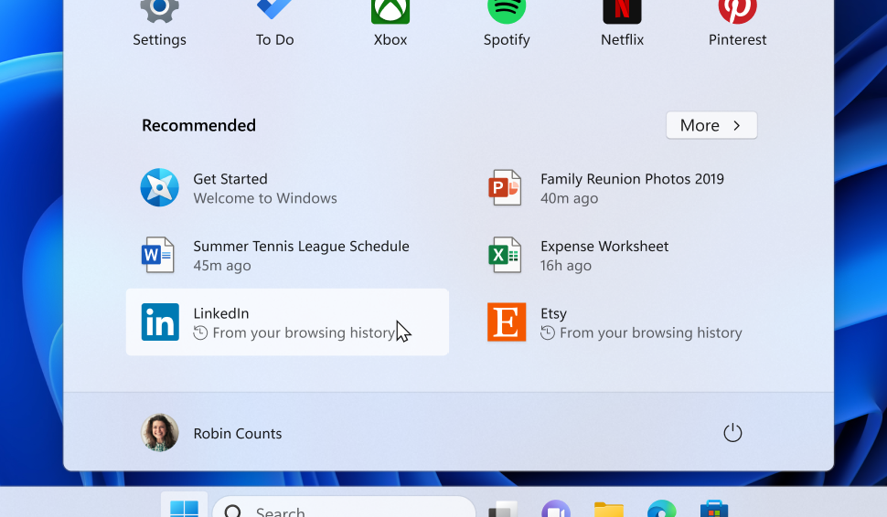 Recommended websites based on your browsing history on the Start menu