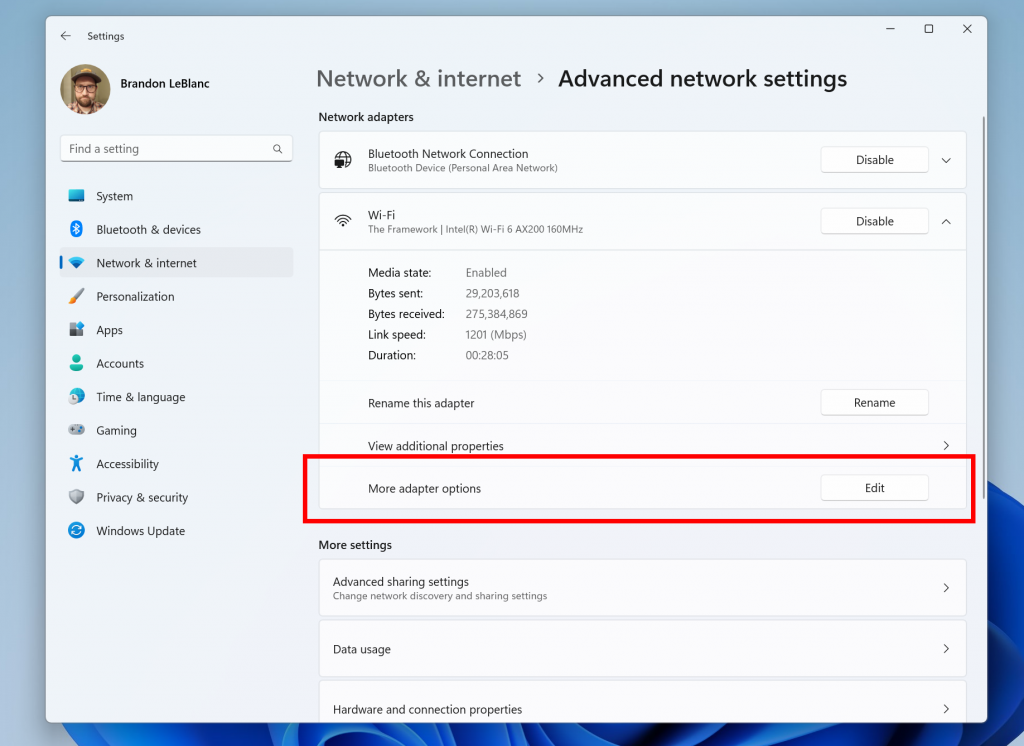 Link to advanced properties for network adapters in Settings