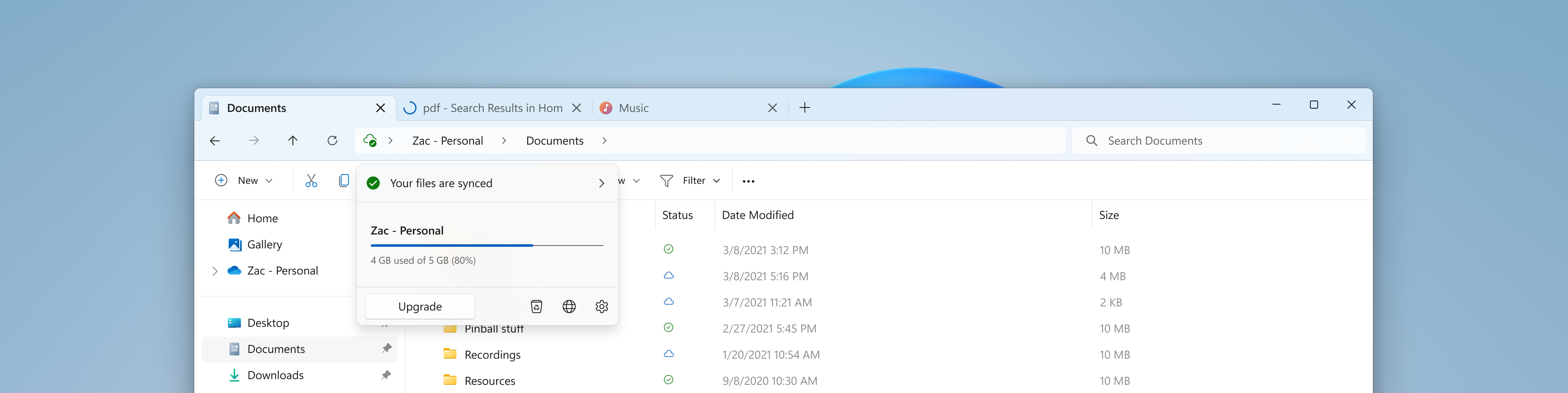 Modernized address bar in File Explorer with OneDrive sync and quota flyout