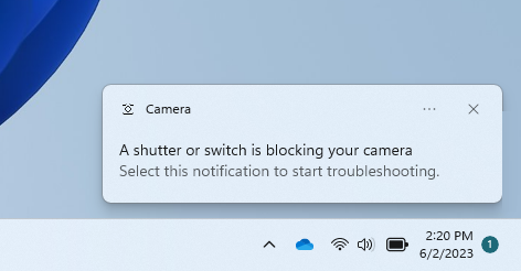 Pop-up dialog with the recommendation to launch the automated Get Help troubleshooter to resolve camera issues