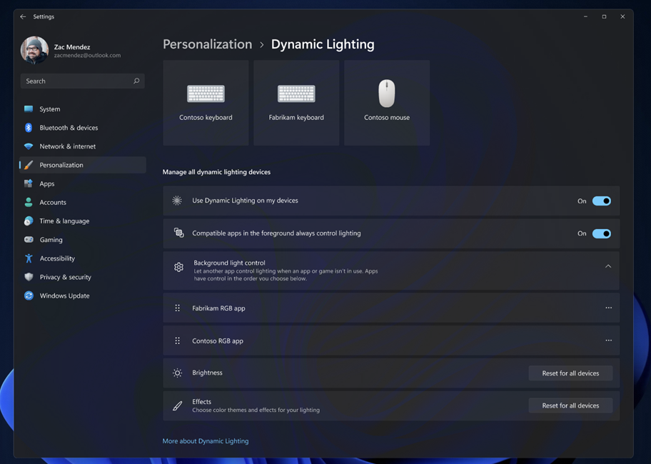 The new Dynamic Lighting settings page