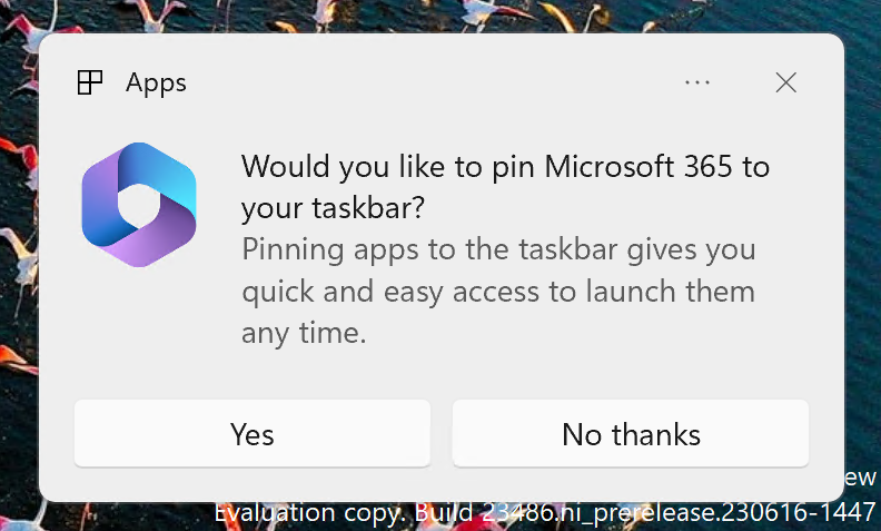 Example of new dialog that is displayed based on the updated API for pinning apps to the taskbar