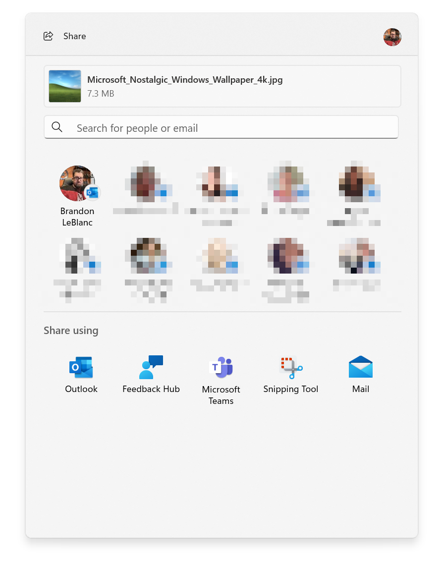 Updated Windows share window with new search box, more suggestion contacts, and Outlook share