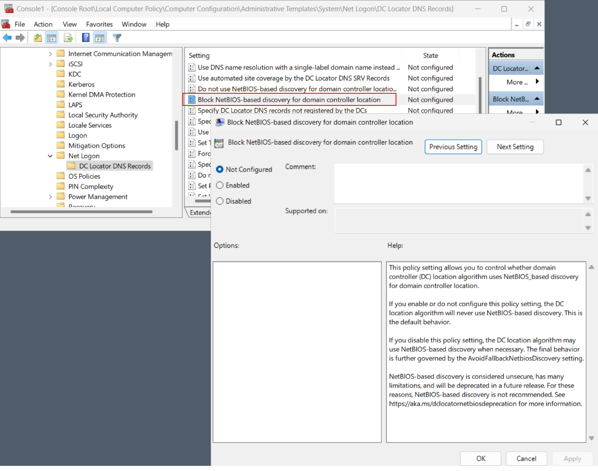 Screenshot of the BlockNetBIOSDiscovery Group Policy setting