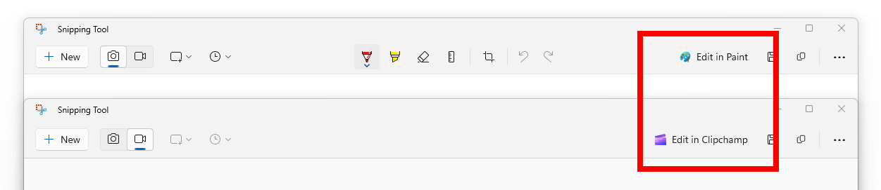 New buttons in Snipping Tool for editing screen clips in Paint and screen recordings in Clipchamp