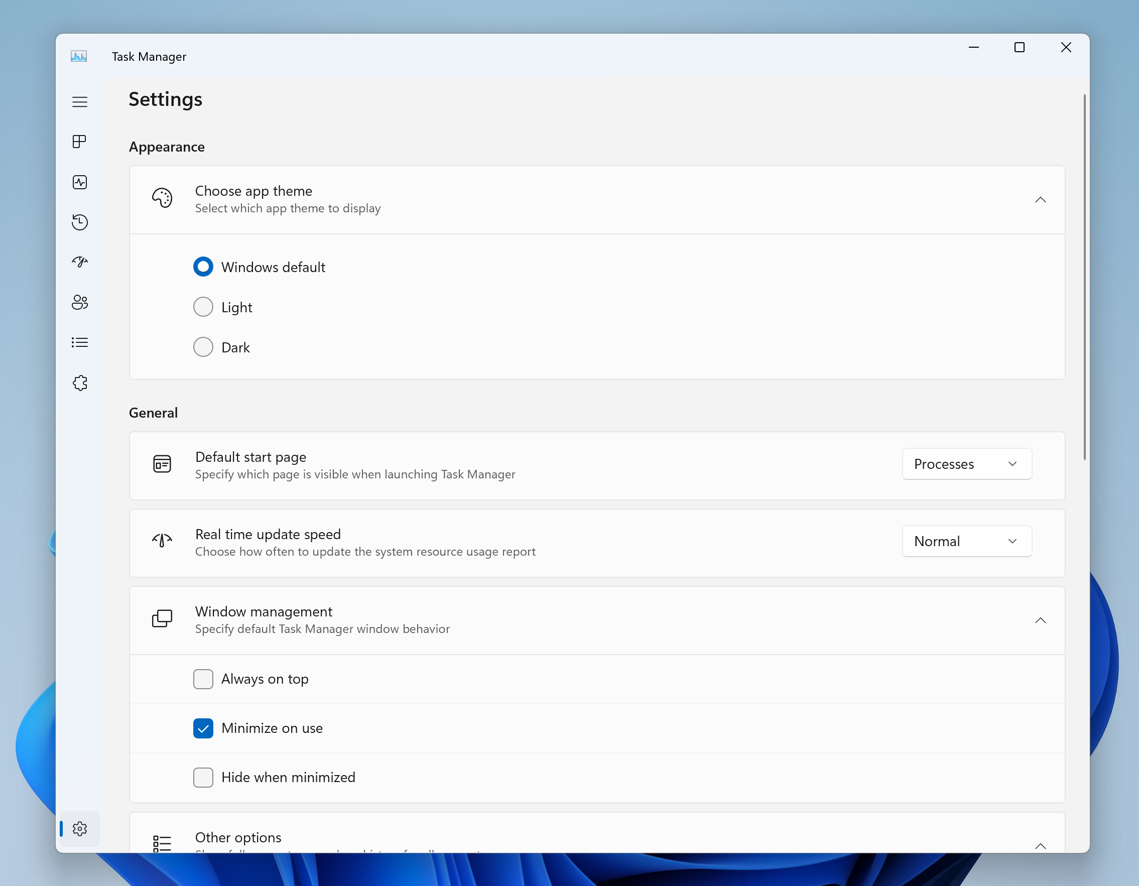 Redesigned Task Manager settings