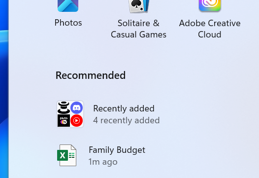 Grouping of recently added apps under the Recommended section of the Start menu
