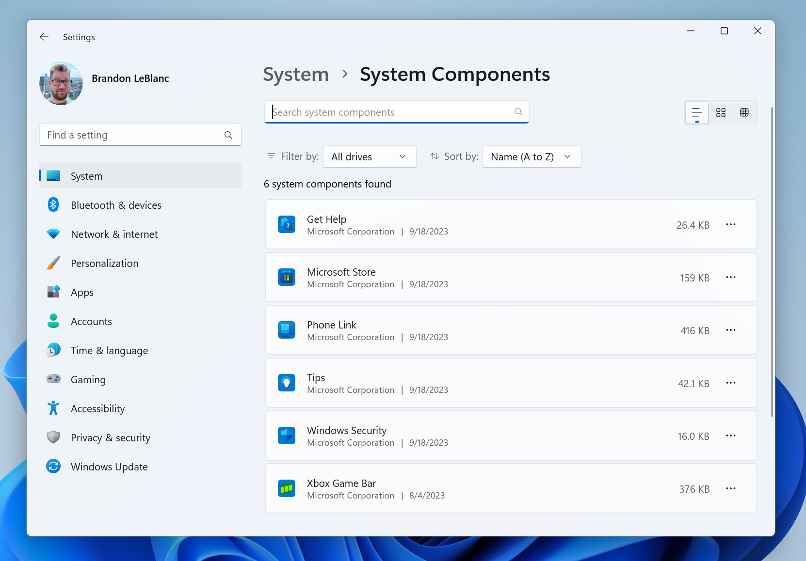 New System Components Settings page