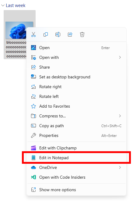 New Edit with Notepad option in the context menu in File Explorer
