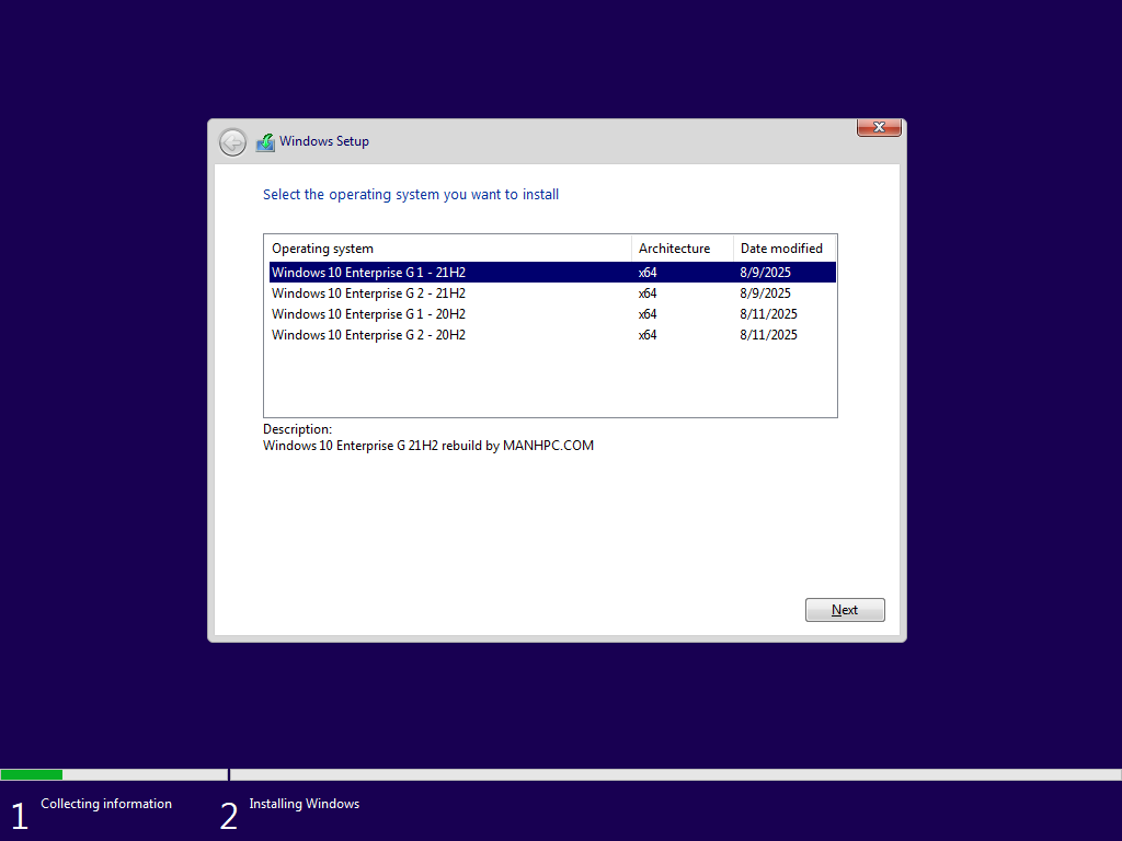 Các phiên bản Windows 10 Enterprise G 21H2 20H2 rebuild by MANHPC.COM