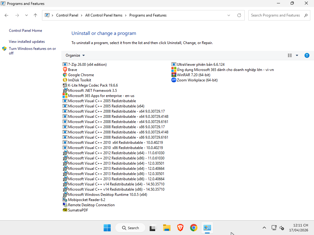 Danh sách một số phần mềm được thêm theo dạng setup