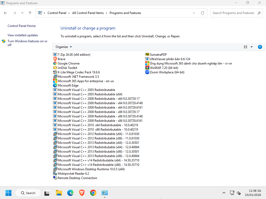 Danh sách một số phần mềm được thêm theo dạng setup